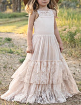 New Girl Lace Chiffon Backless Long Dress Wedding Flower Girl Fashion-TB00835-Veeddydropshipping